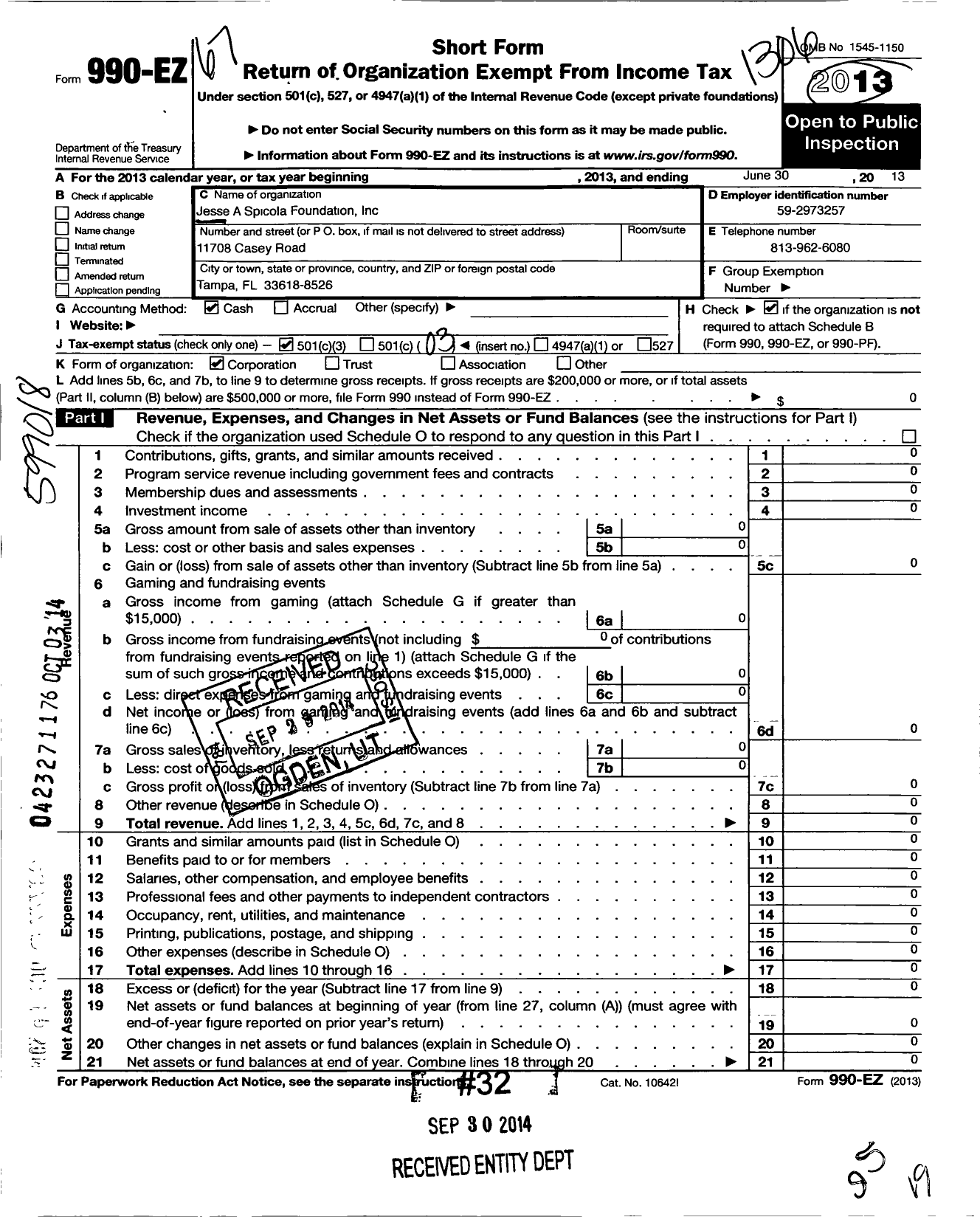 Image of first page of 2012 Form 990EZ for Jesse A Spicola Foundation