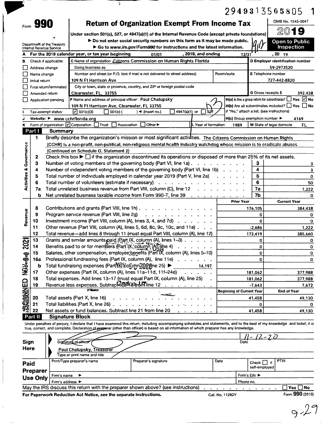 Image of first page of 2019 Form 990 for Citizens Commission on Human Rights of Florida