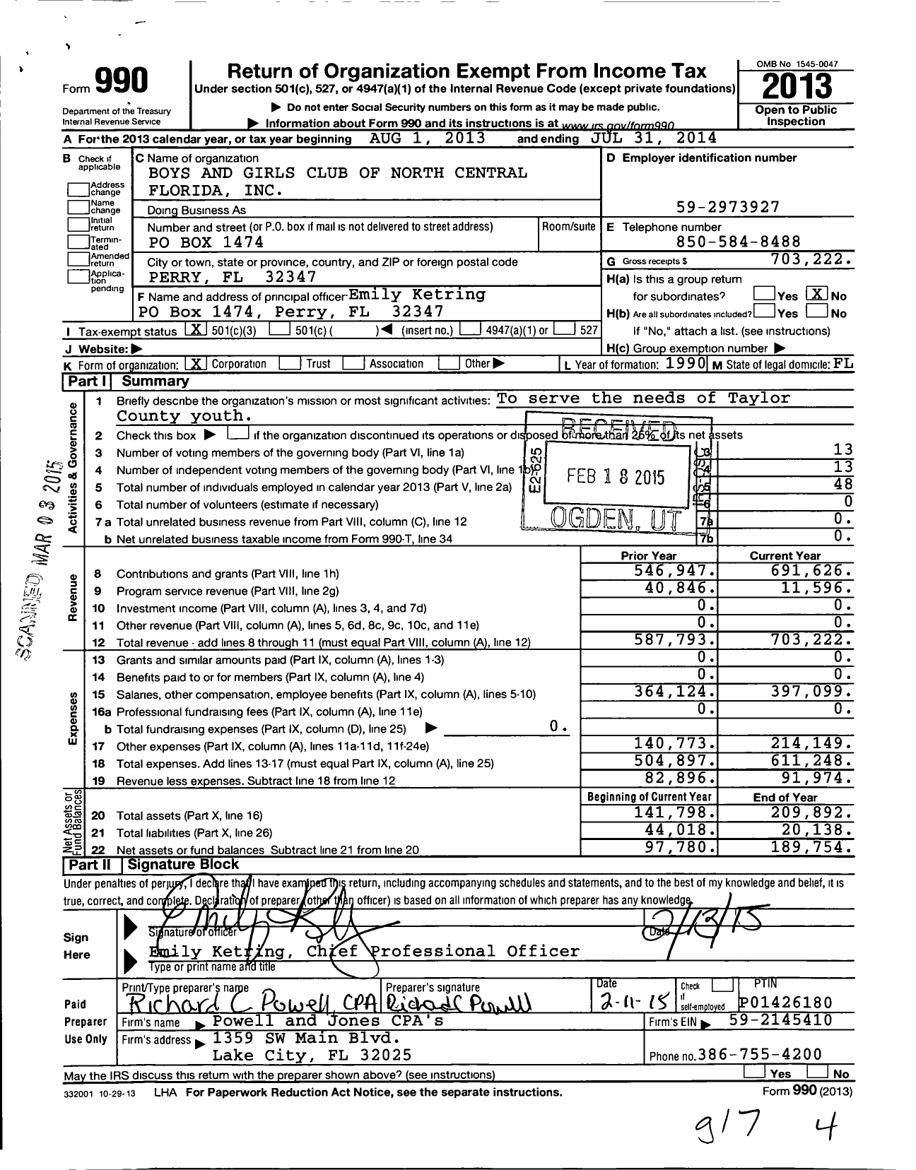 Image of first page of 2013 Form 990 for Boys and Girls Club of Taylor County