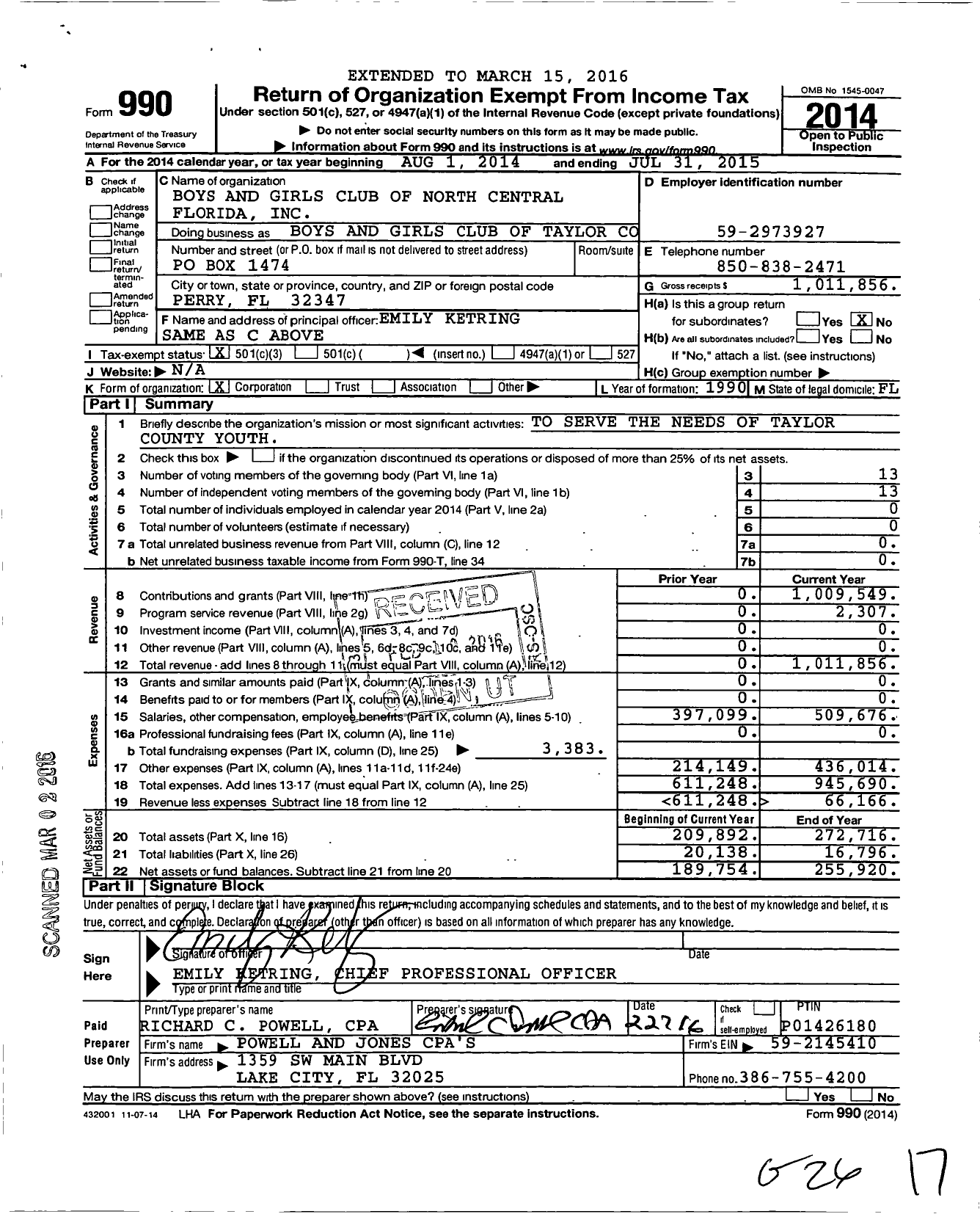 Image of first page of 2014 Form 990 for Boys and Girls Club of Taylor County