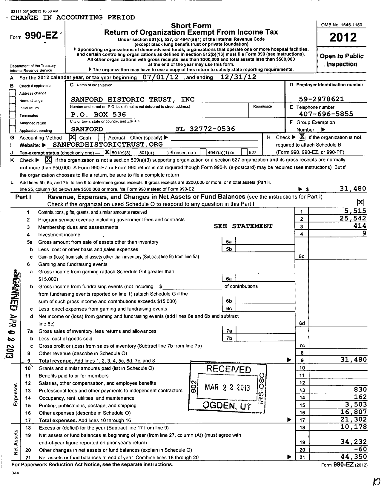 Image of first page of 2012 Form 990EZ for Sanford Historic Trust