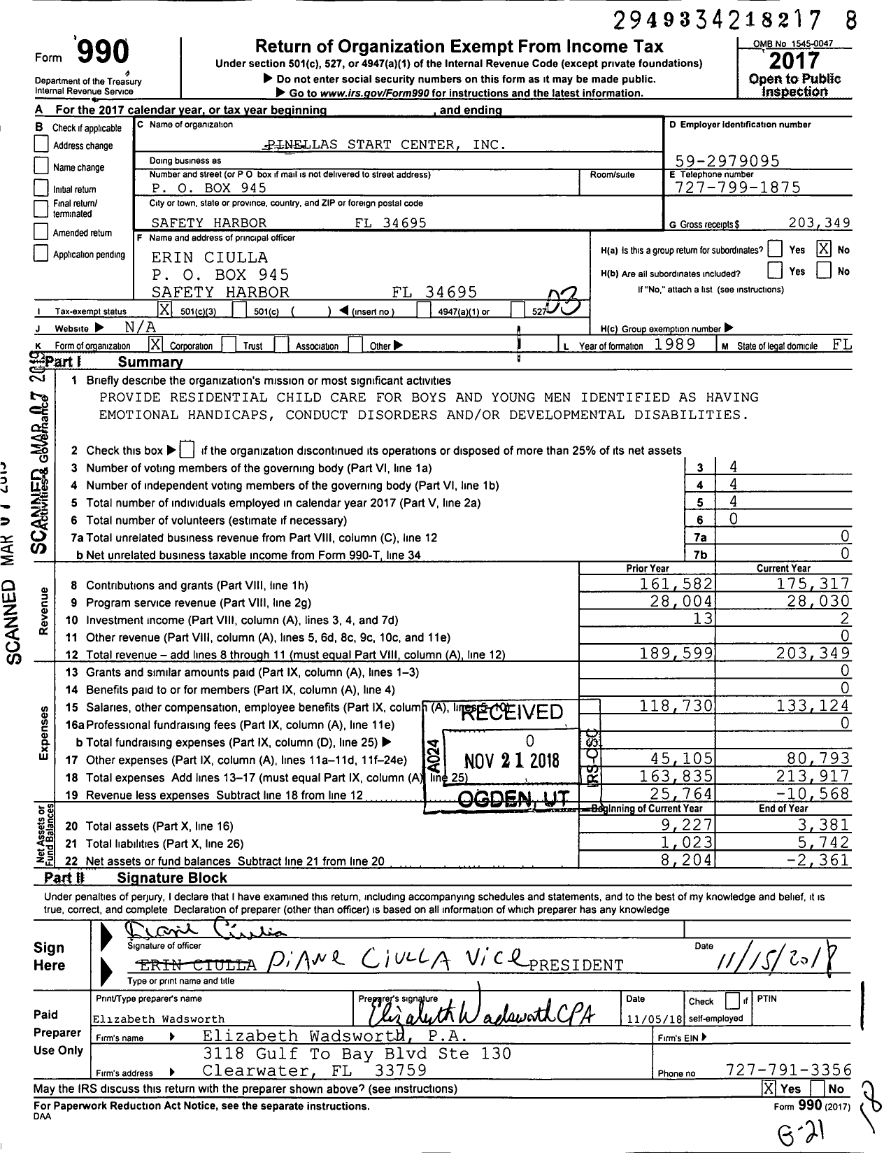 Image of first page of 2017 Form 990 for Pinellas Start Center