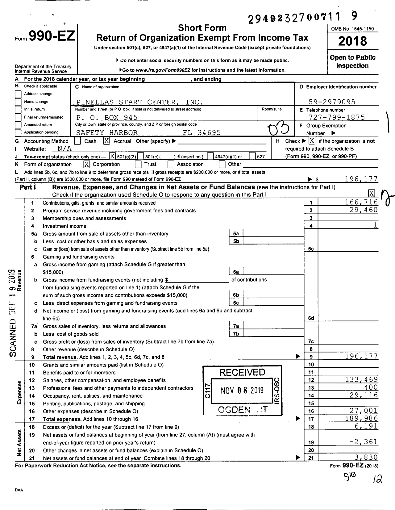 Image of first page of 2018 Form 990EZ for Pinellas Start Center