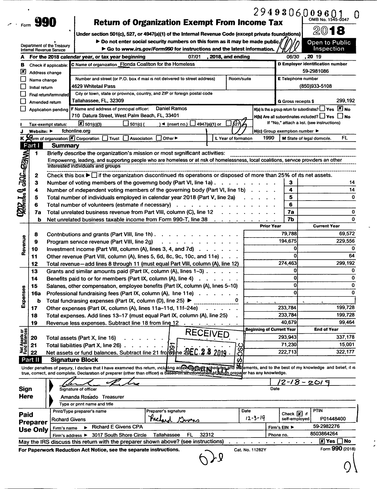 Image of first page of 2018 Form 990 for Florida Coalition for the Homeless