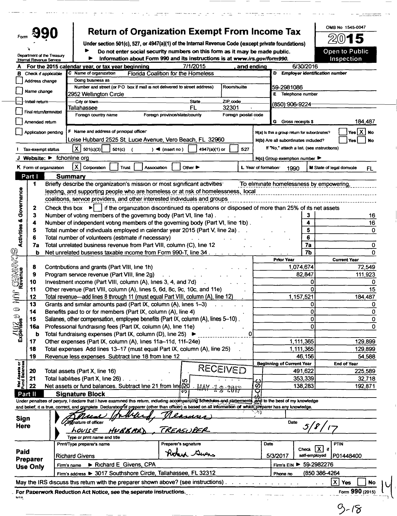 Image of first page of 2015 Form 990 for Florida Coalition for the Homeless