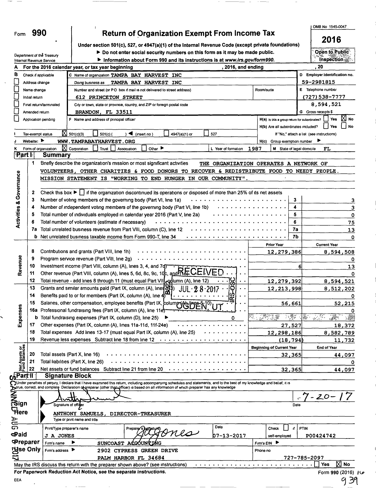Image of first page of 2016 Form 990 for Tampa Bay Harvest