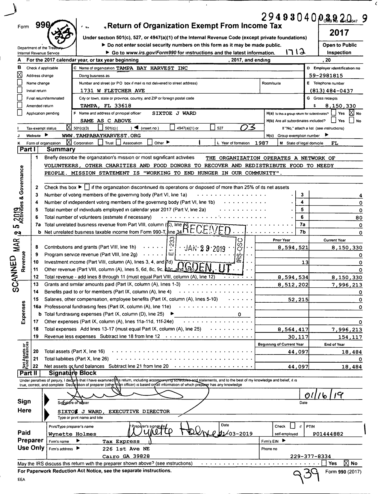 Image of first page of 2017 Form 990 for Tampa Bay Harvest