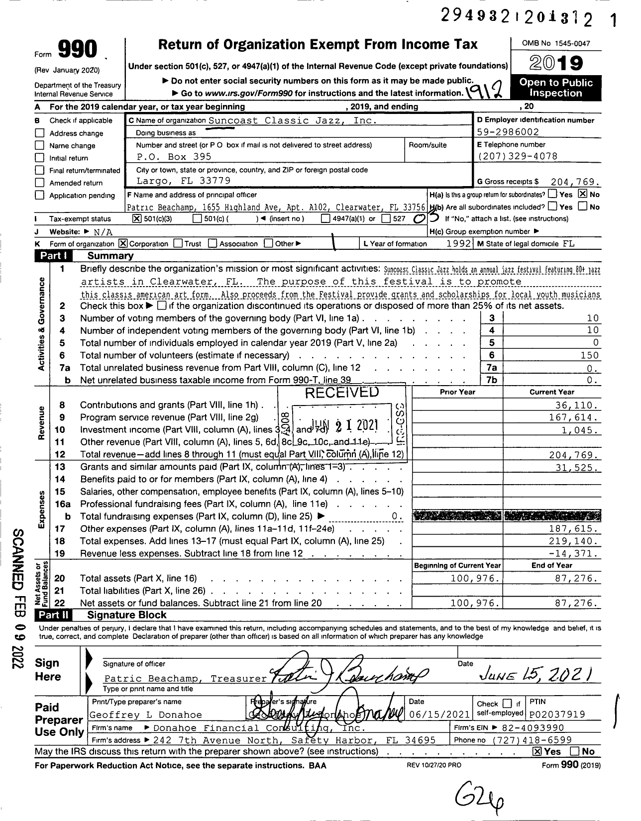 Image of first page of 2019 Form 990 for Suncoast Jazz Festival