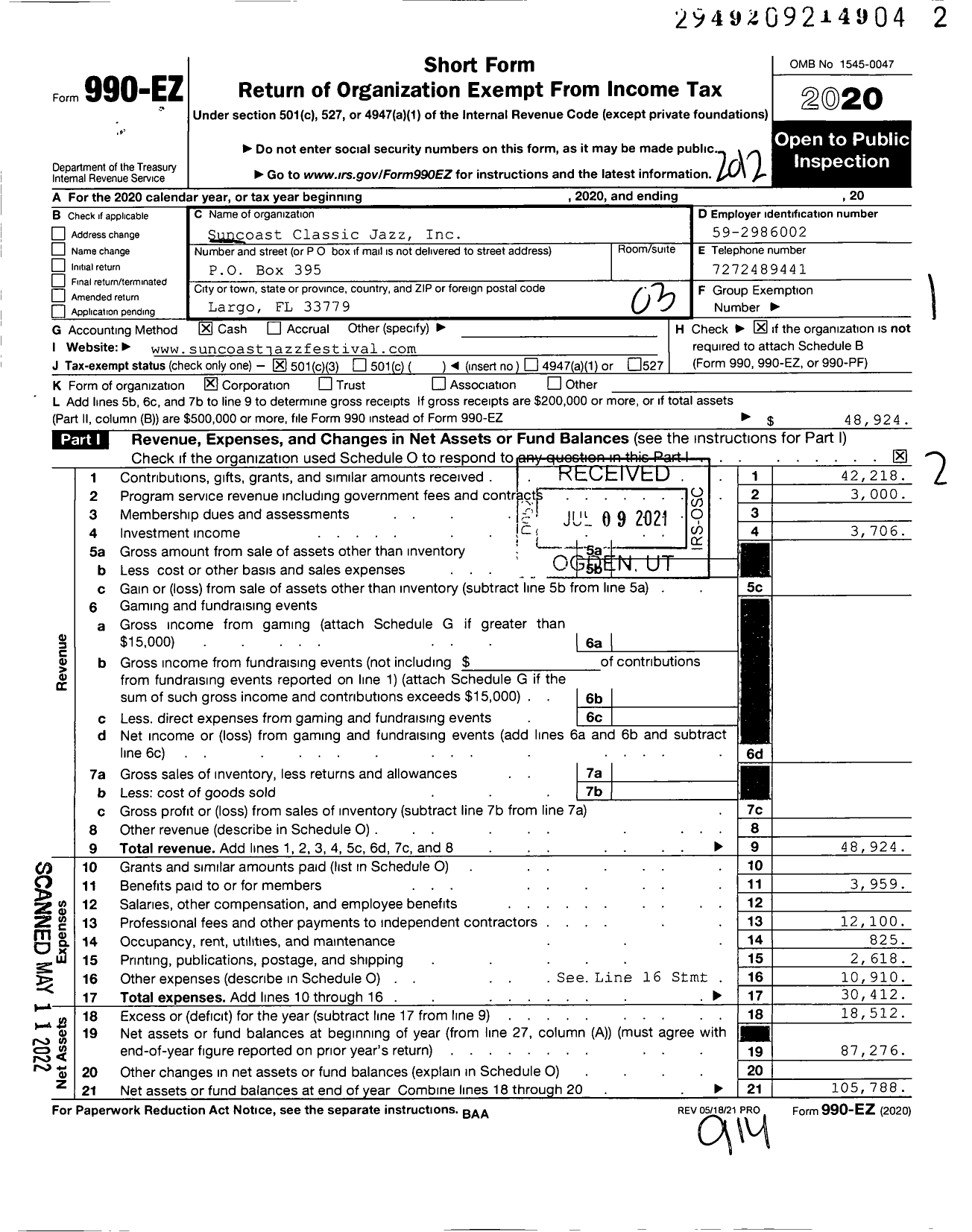 Image of first page of 2020 Form 990EZ for Suncoast Jazz Festival