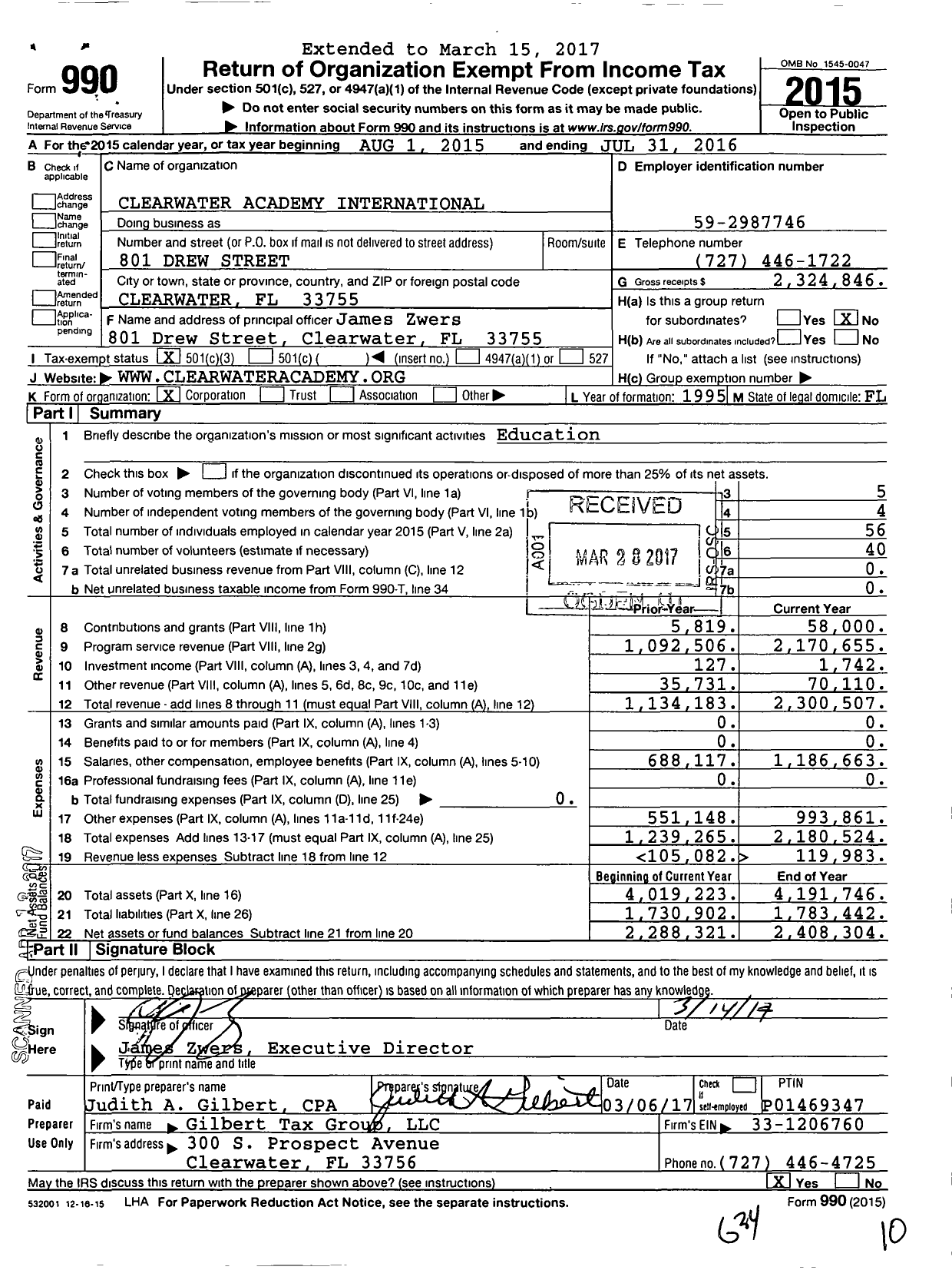 Image of first page of 2015 Form 990 for Clearwater Academy International (CAI)