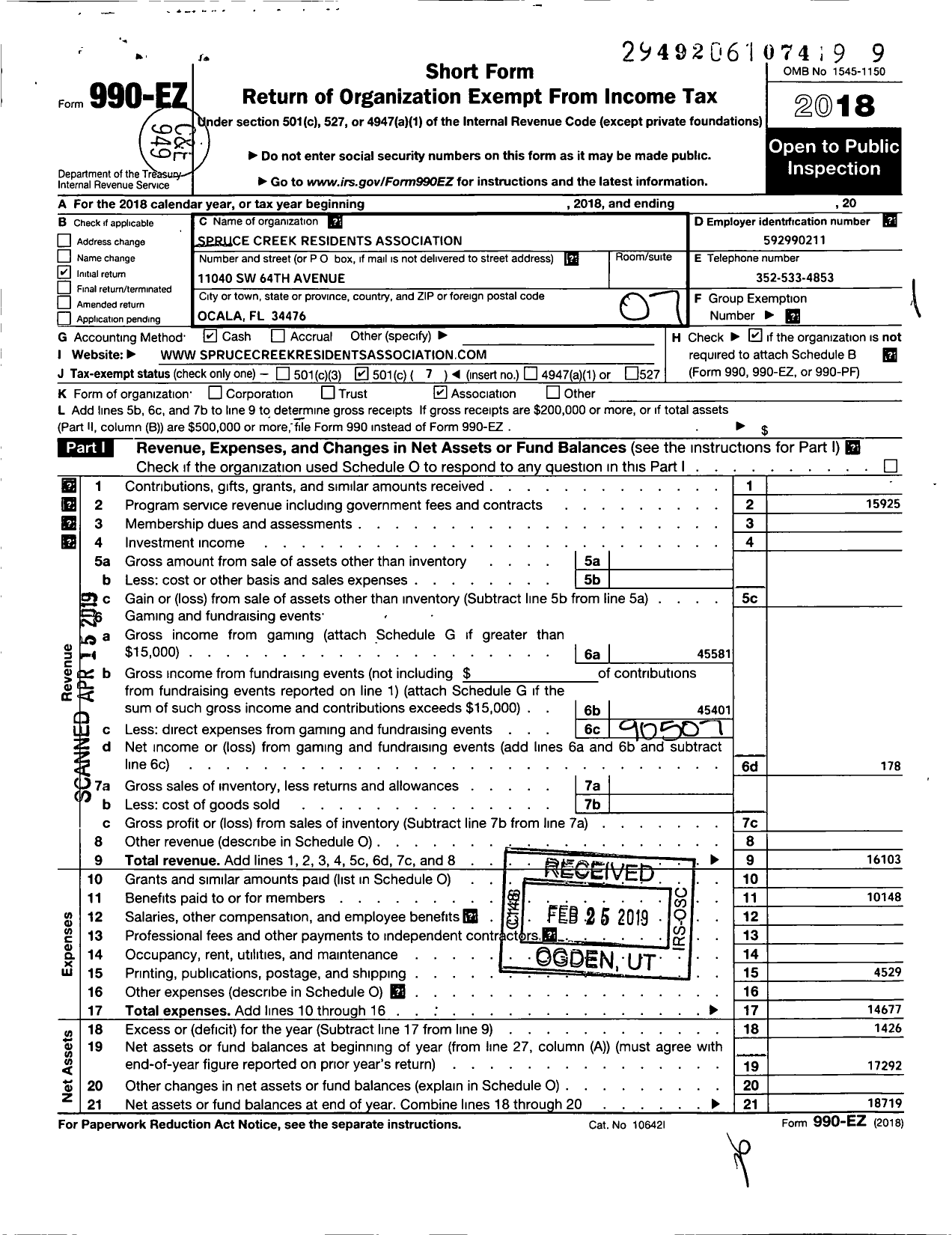 Image of first page of 2018 Form 990EO for Spruce Creek North Residents Association