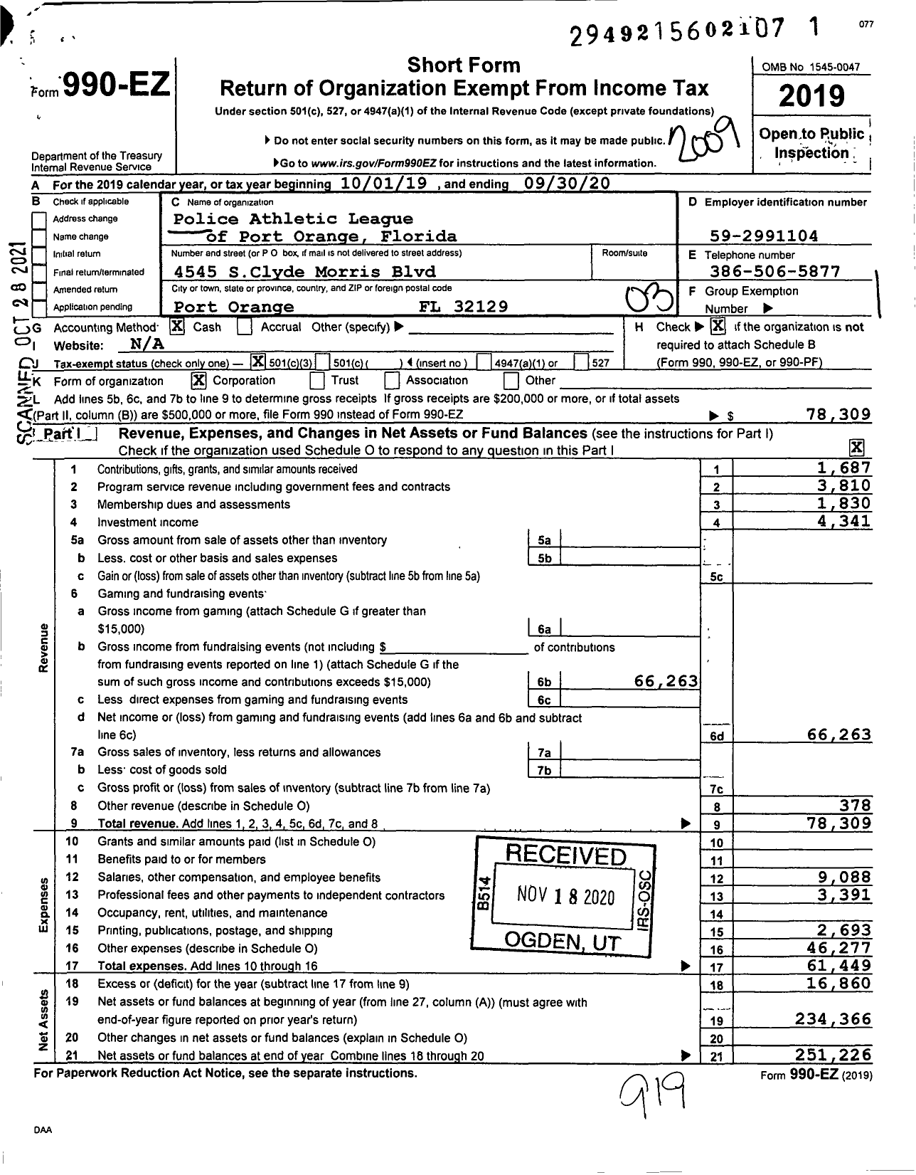 Image of first page of 2019 Form 990EZ for Police Athletic League