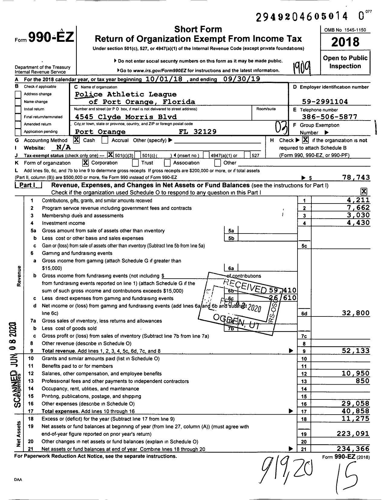 Image of first page of 2018 Form 990EZ for Police Athletic League