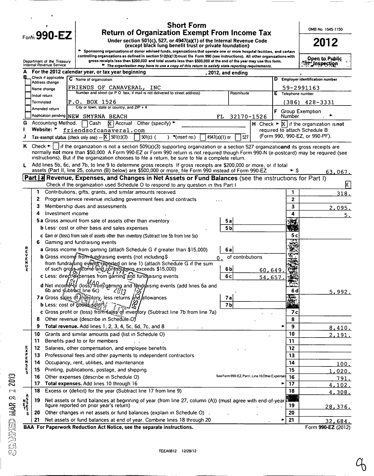 Image of first page of 2012 Form 990EZ for Friends of Canaveral