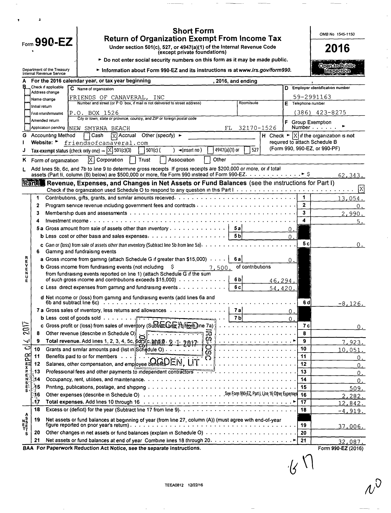 Image of first page of 2016 Form 990EZ for Friends of Canaveral