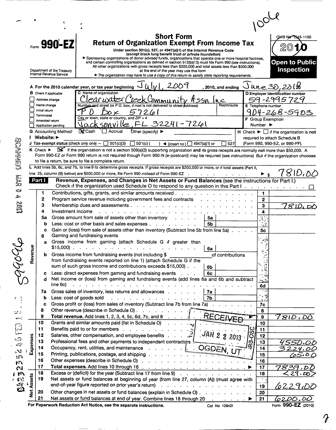 Image of first page of 2009 Form 990EO for Clearwater Creek Community Association