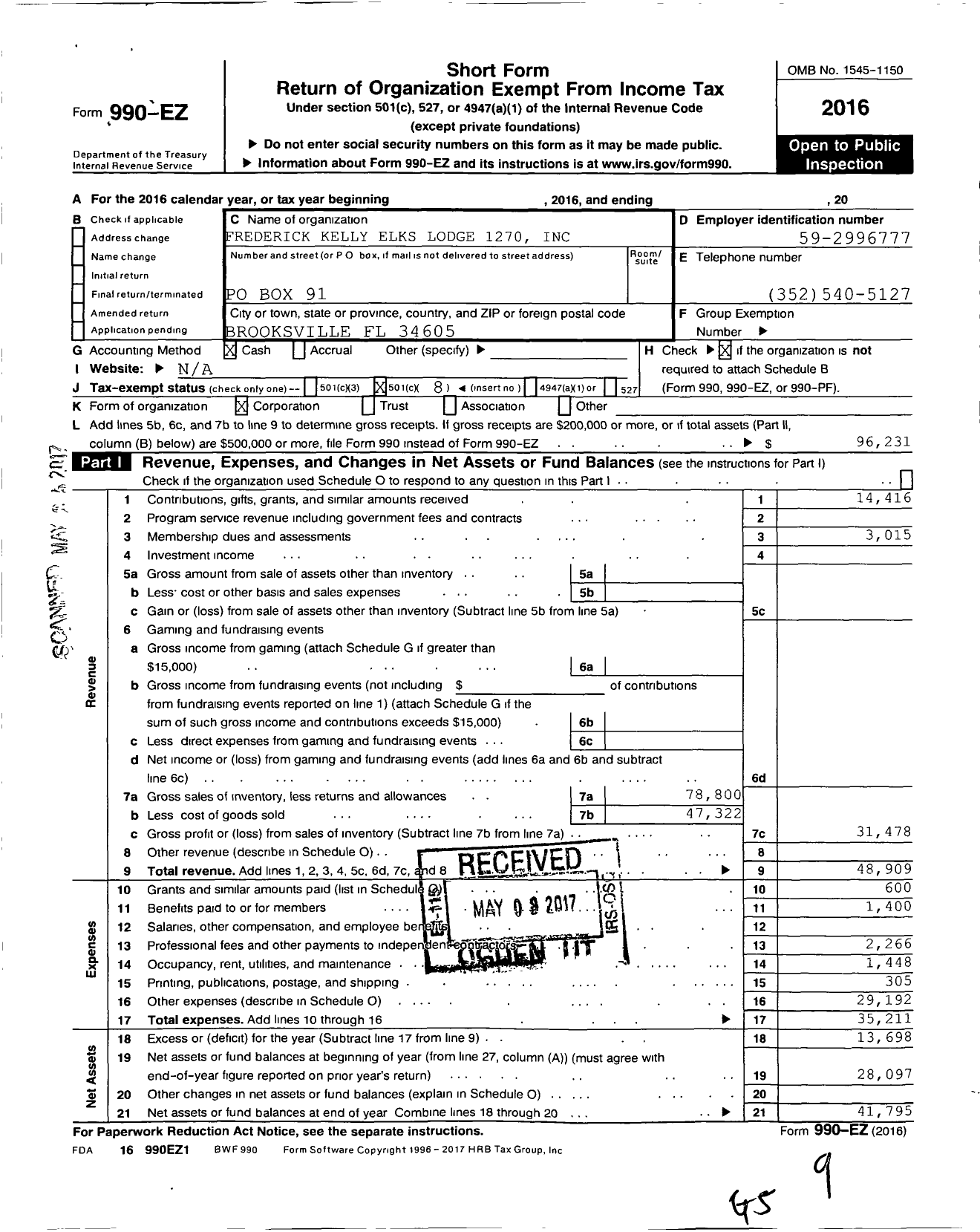 Image of first page of 2016 Form 990EO for Improved Benevolent and Protective Order of Elks of the World - 1270 Frederick Kelly Lodge