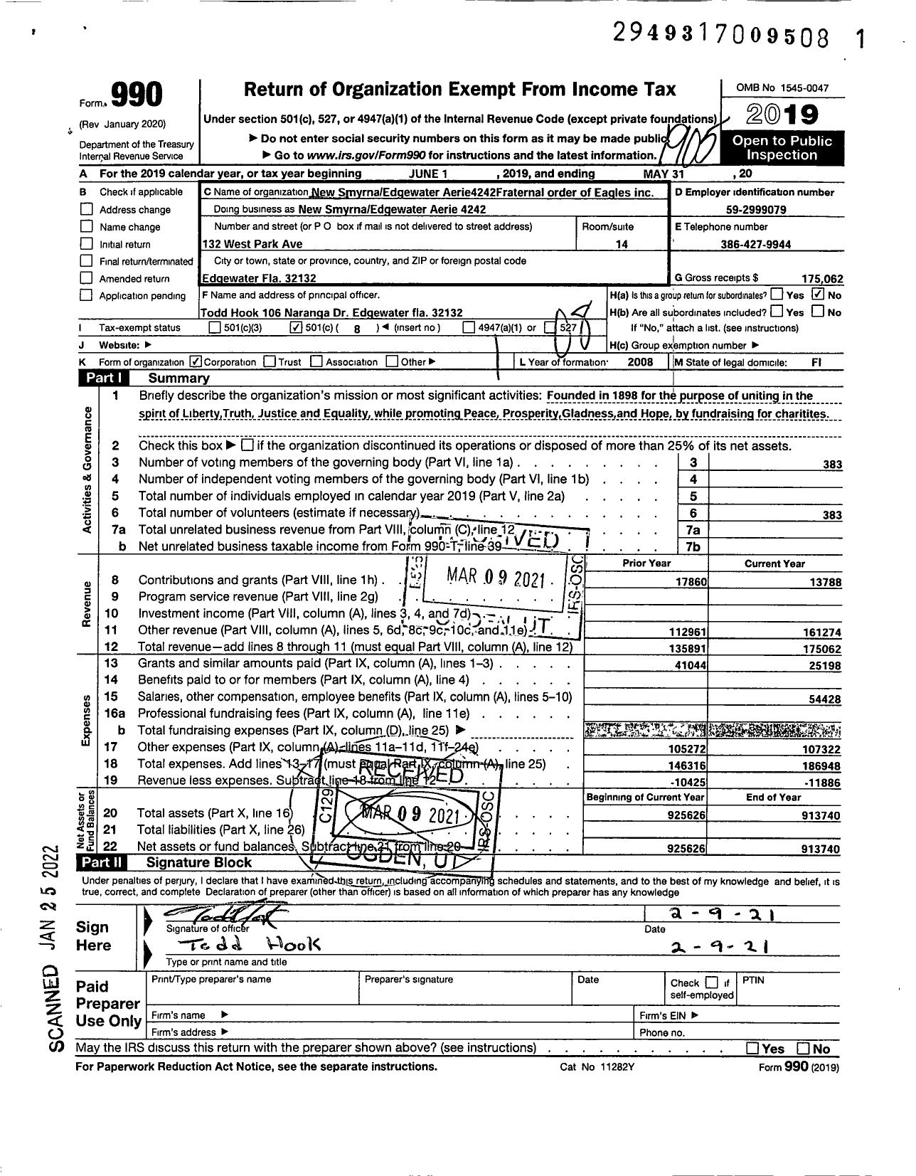 Image of first page of 2018 Form 990O for Fraternal Order of Eagles - New Smyma Edgewater Aerie 4242