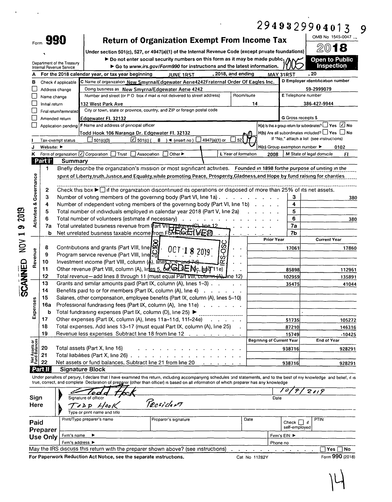 Image of first page of 2017 Form 990O for Fraternal Order of Eagles - New Smyma Edgewater Aerie 4242