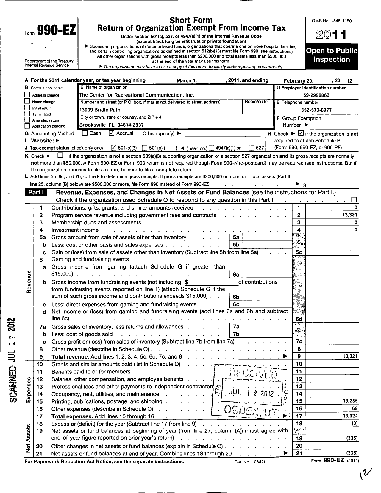 Image of first page of 2011 Form 990EZ for Center for Recreational Communication