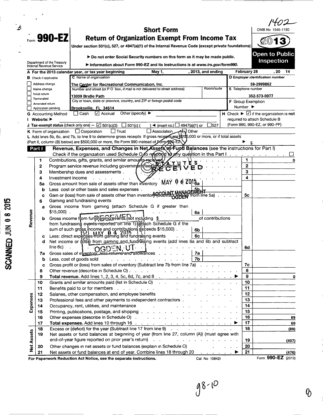 Image of first page of 2013 Form 990EZ for Center for Recreational Communication