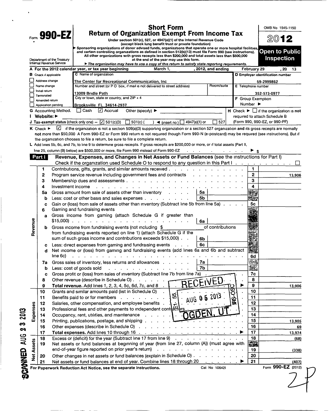 Image of first page of 2012 Form 990EZ for Center for Recreational Communication