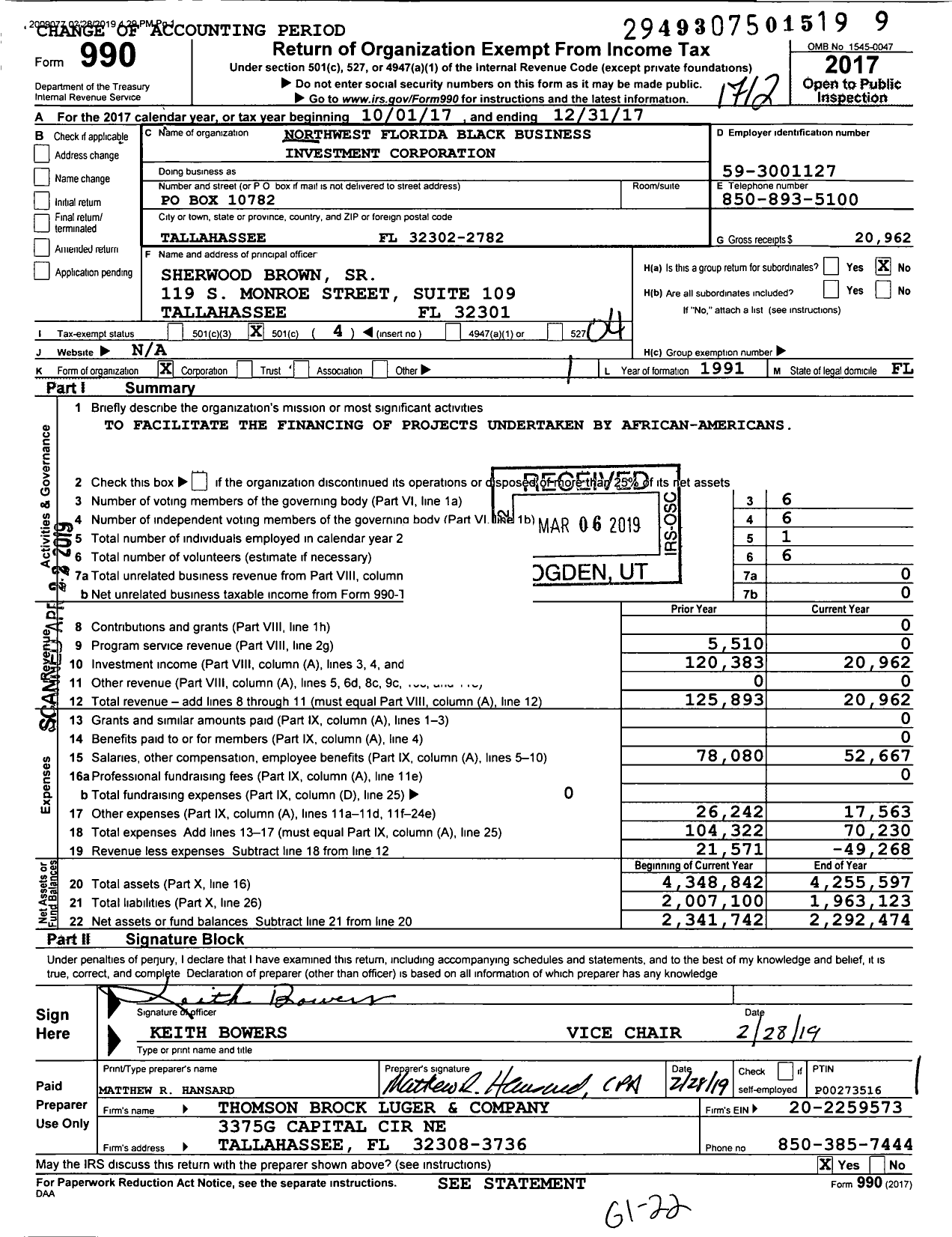 Image of first page of 2017 Form 990O for Northwest Florida Black Business Investment Corporation