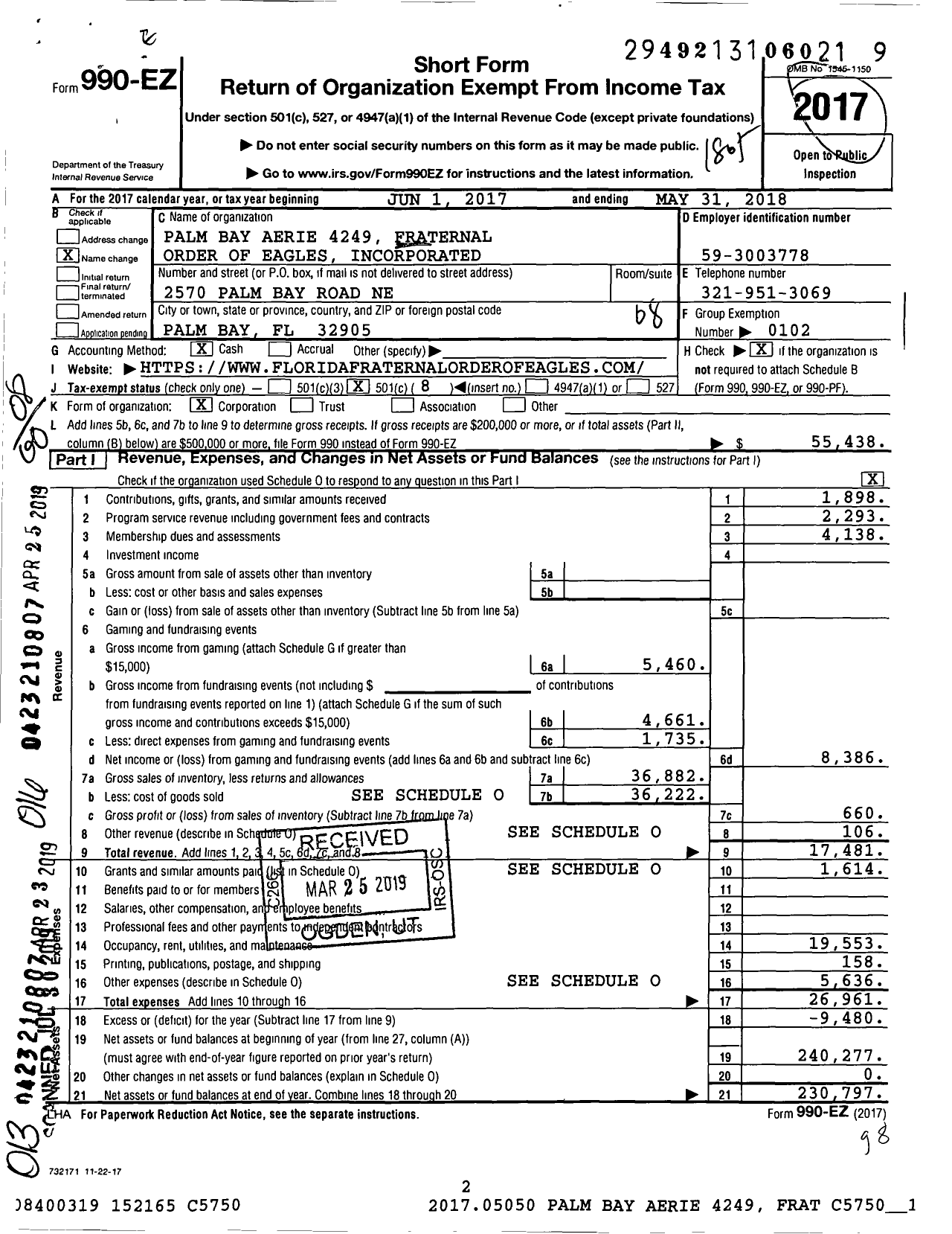 Image of first page of 2017 Form 990EO for FRATERNAL ORDER OF EAGLES - 4249 Palm Bay Aerie