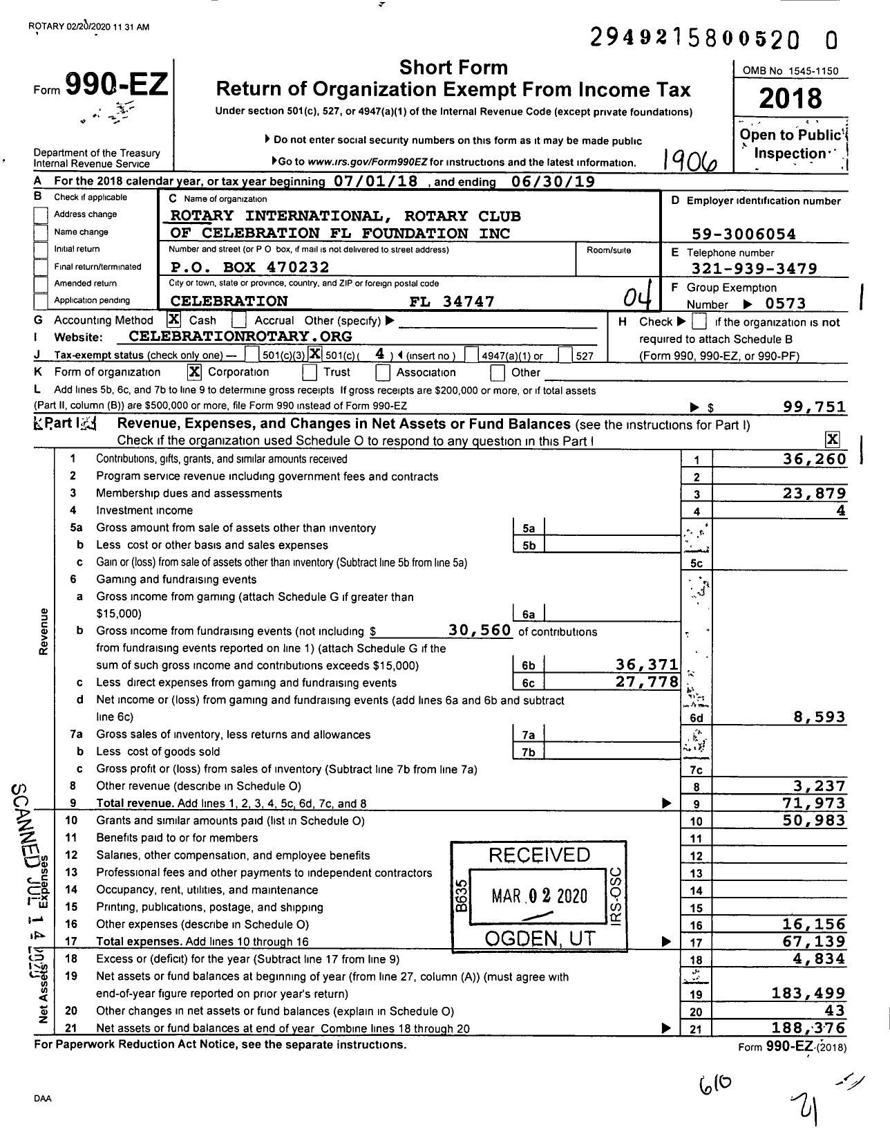 Image of first page of 2018 Form 990EO for Rotary International - Celebration