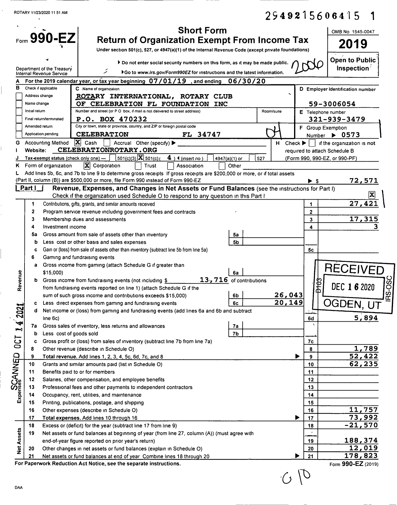 Image of first page of 2019 Form 990EO for Rotary International - Celebration