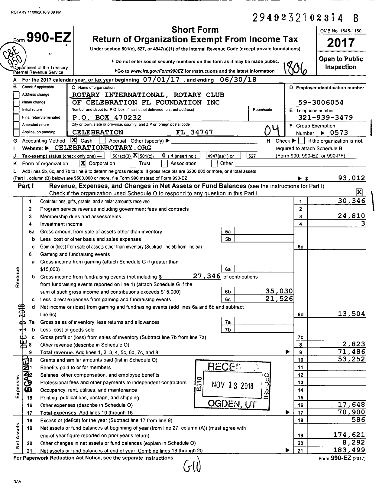 Image of first page of 2017 Form 990EO for Rotary International - Celebration