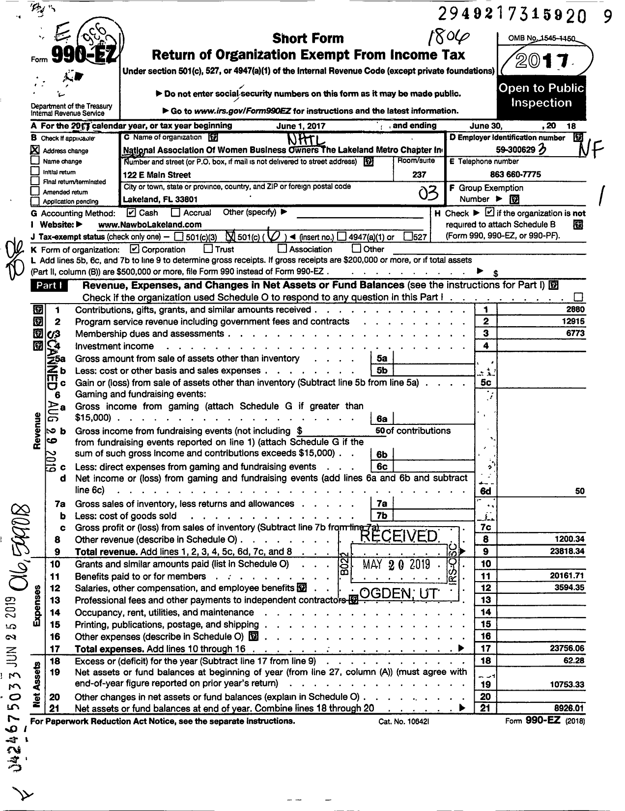 Image of first page of 2017 Form 990EO for National Association of Women Business Owners the Lakeland Metro Chapter