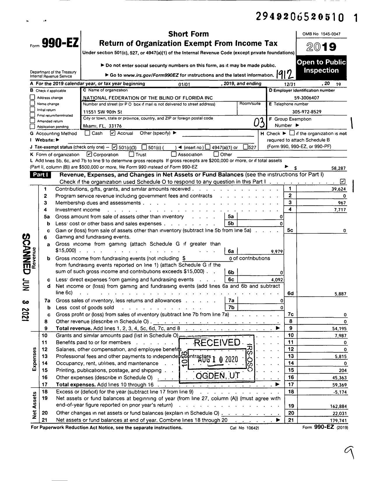 Image of first page of 2019 Form 990EZ for National Federation of the Blind of Florida