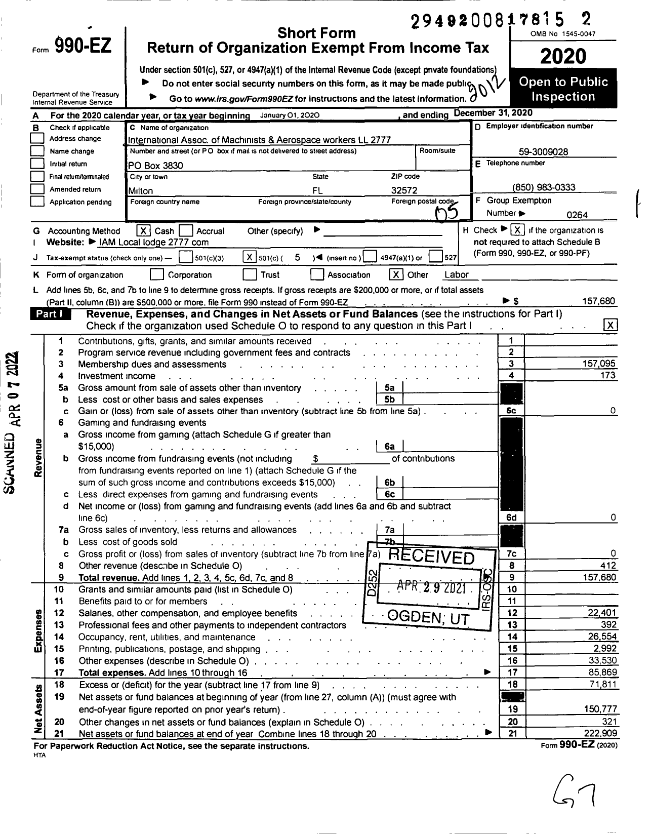 Image of first page of 2020 Form 990EO for International Association of Machinists and Aerospace Workers - Local Lodge 2777