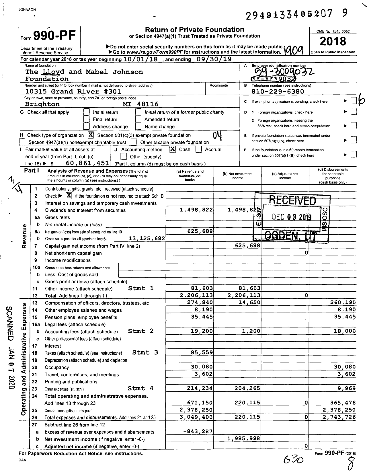 Image of first page of 2018 Form 990PF for Lloyd and Mabel Johnson Foundation