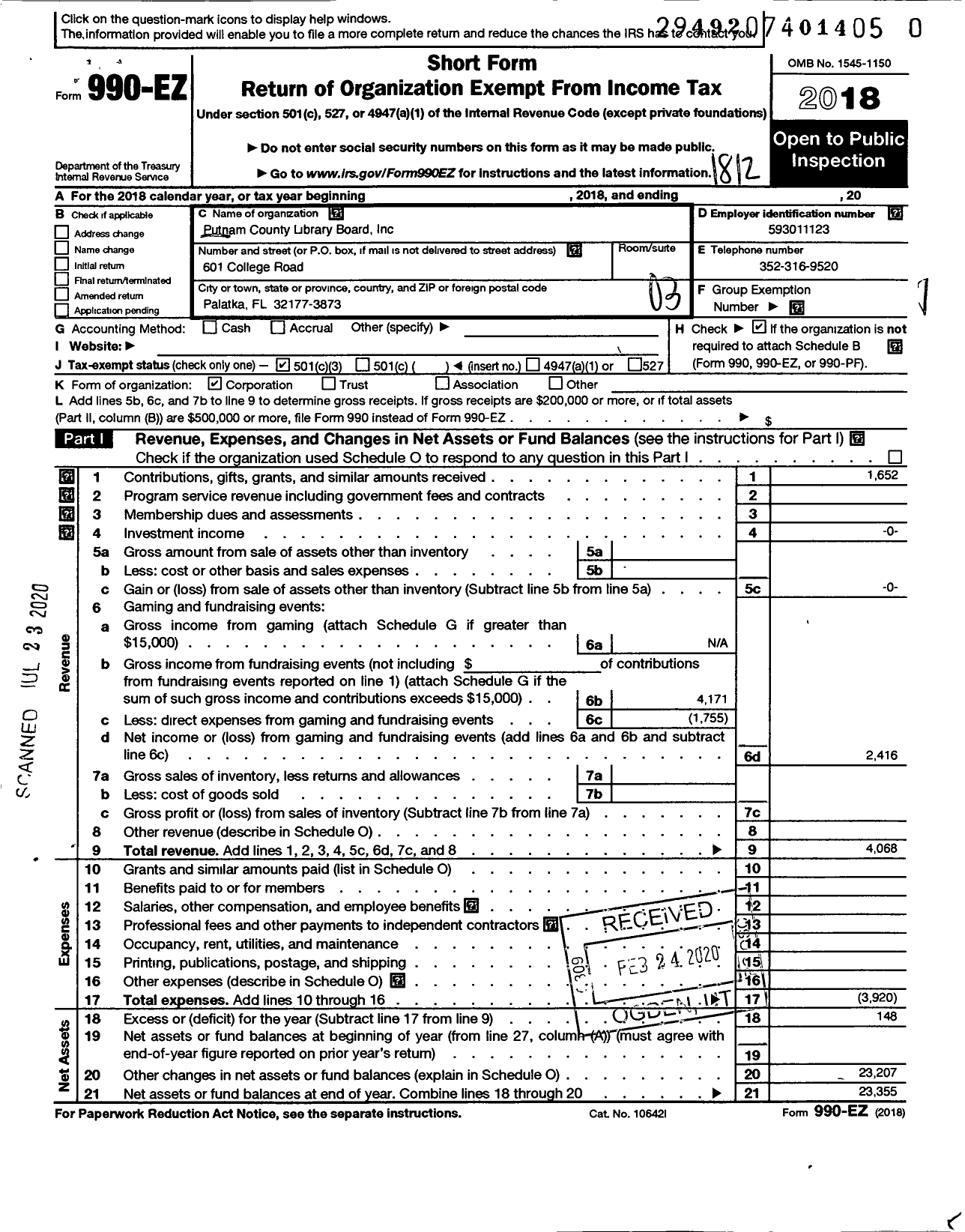 Image of first page of 2018 Form 990EZ for Putnam County Library Board