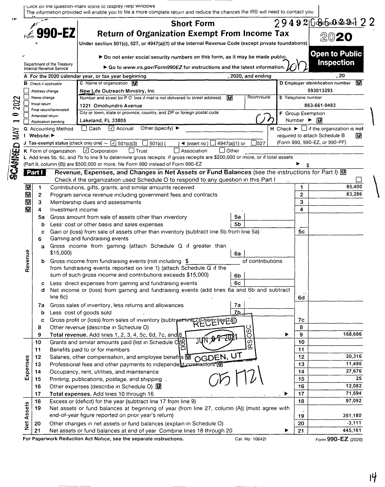 Image of first page of 2020 Form 990EZ for New Life Outreach Ministry