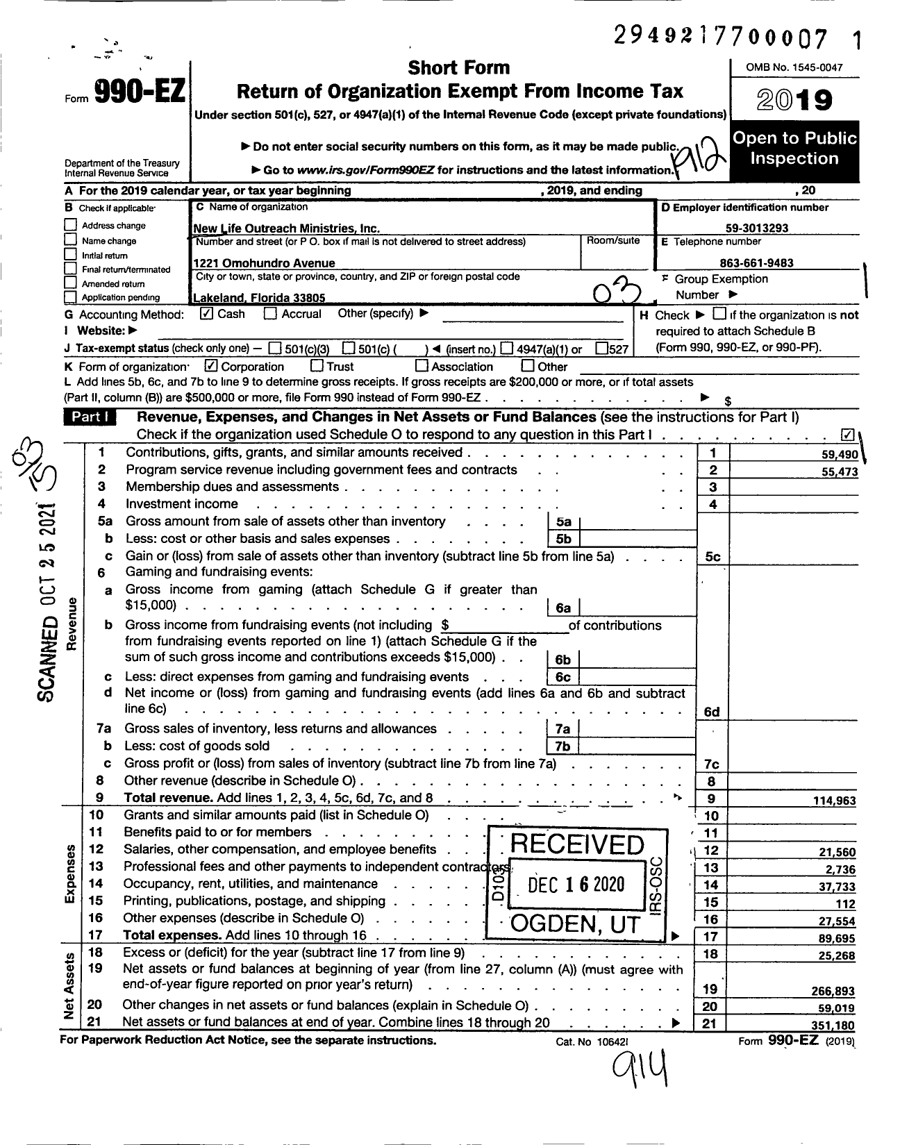 Image of first page of 2019 Form 990EZ for New Life Outreach Ministry