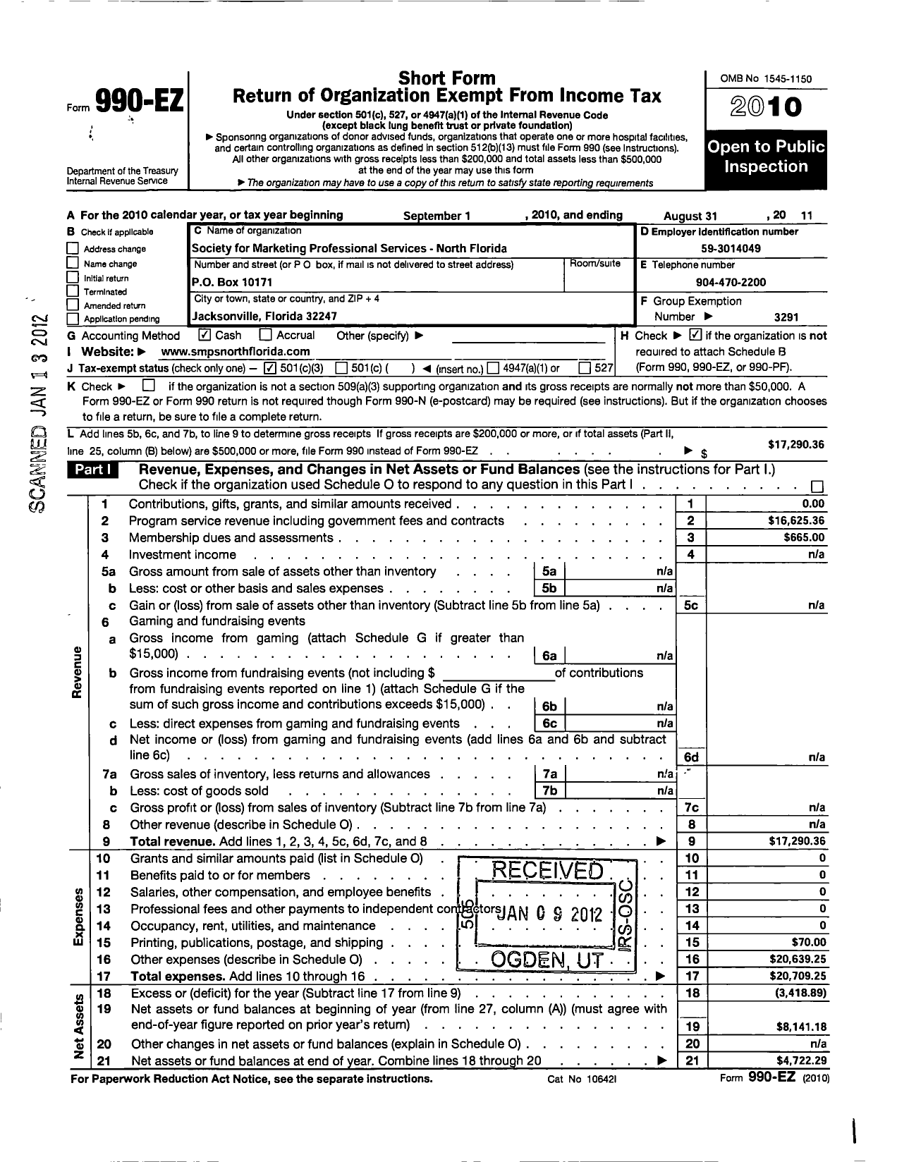 Image of first page of 2010 Form 990EZ for Society for Marketing Professional Services / North Florida Chapter of SMPS