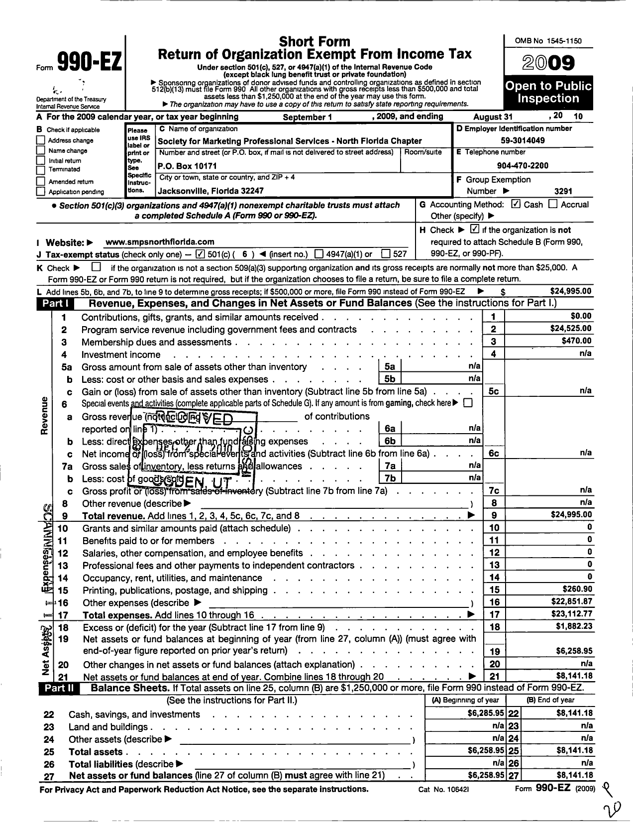 Image of first page of 2009 Form 990EO for Society for Marketing Professional Services / North Florida Chapter of SMPS