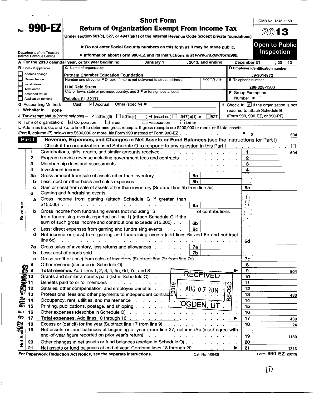 Image of first page of 2013 Form 990EZ for Putnam Chamber Education Foundation