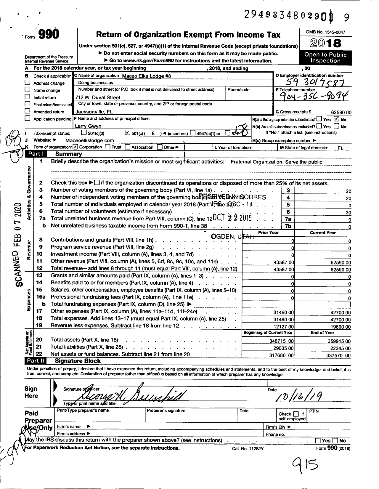 Image of first page of 2018 Form 990O for IMPROVED BENEVOLENT and PROTECTIVE ORDER OF Elks OF THE WORLD - Maceo Elks Lodge 8