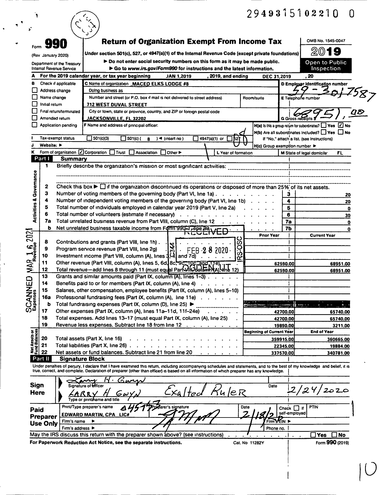 Image of first page of 2019 Form 990O for IMPROVED BENEVOLENT and PROTECTIVE ORDER OF Elks OF THE WORLD - Maceo Elks Lodge 8