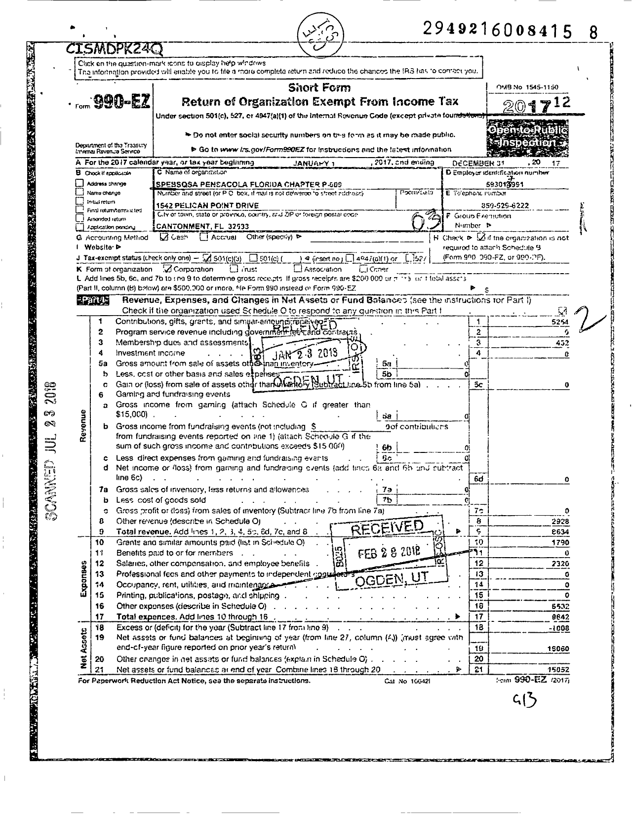 Image of first page of 2017 Form 990EZ for Barbershop Harmony Society - P009 Pensacola