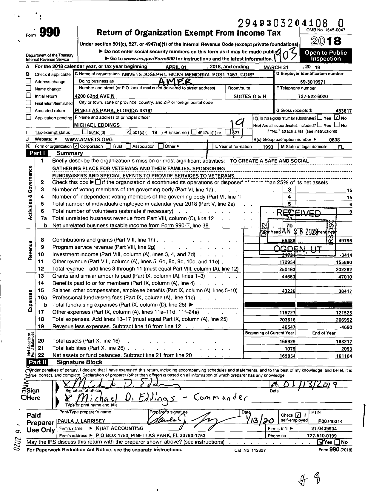 Image of first page of 2018 Form 990O for Amvets - Amvets Joseph L Hicks Memorial Post 7467 Corporation