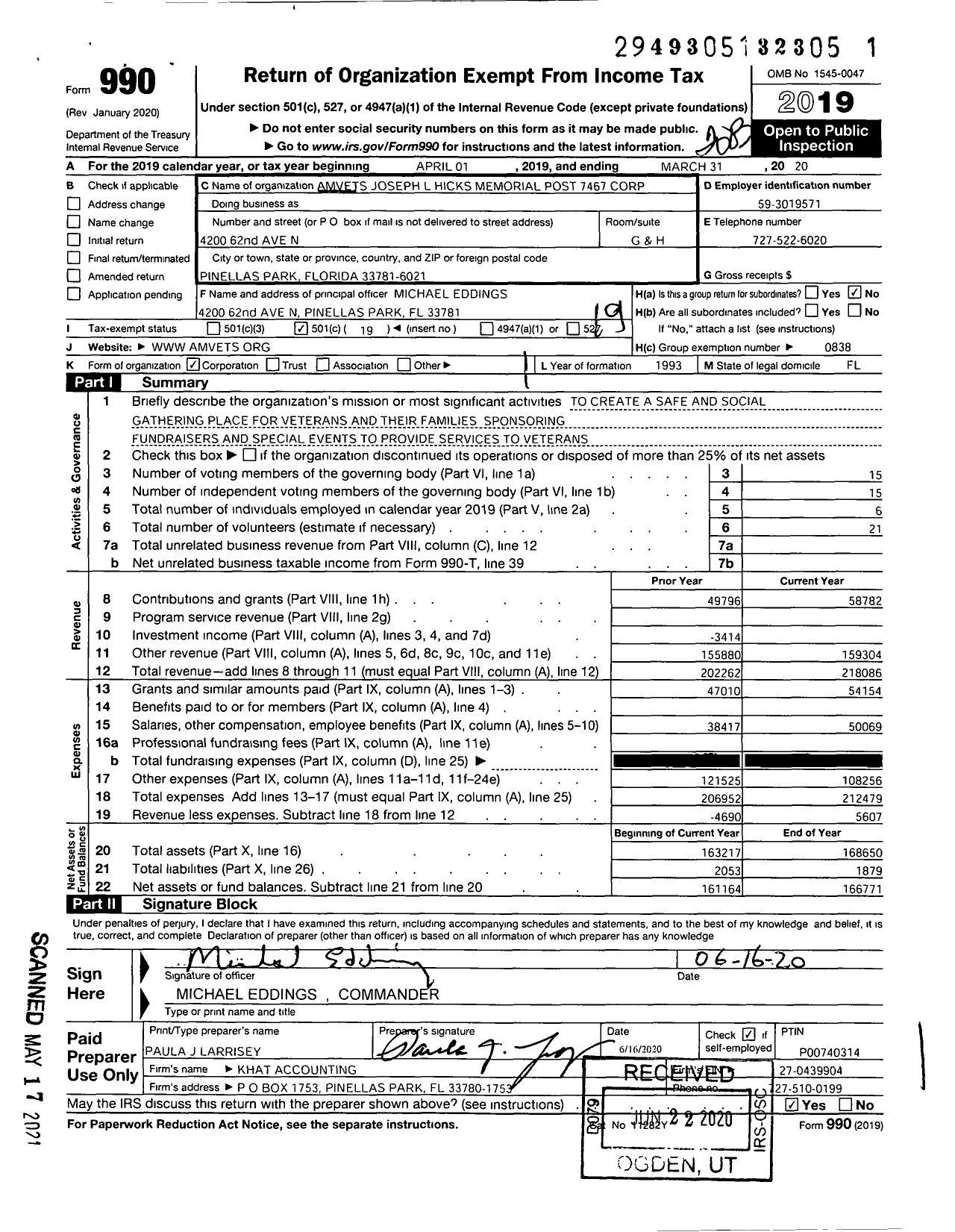 Image of first page of 2019 Form 990O for Amvets - Amvets Joseph L Hicks Memorial Post 7467 Corporation