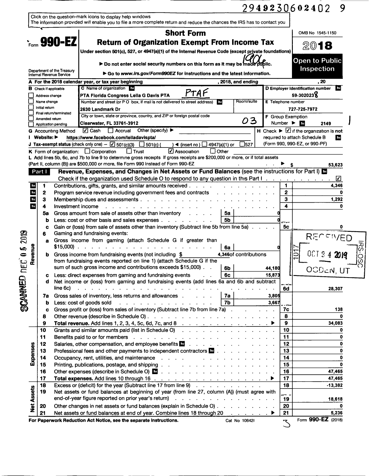 Image of first page of 2018 Form 990EZ for PTA Florida Congress - Leila G Davis Elementary PTA