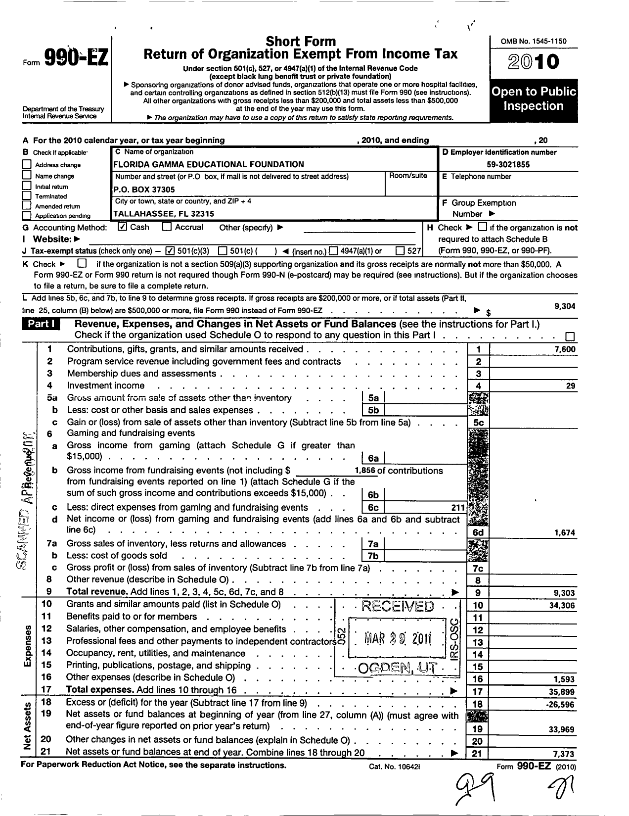 Image of first page of 2010 Form 990EZ for Florida Gamma Educational Foundation