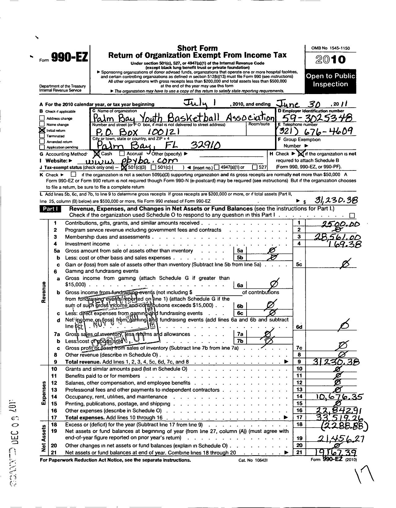 Image of first page of 2010 Form 990EZ for Palm Bay Youth Basketball Association