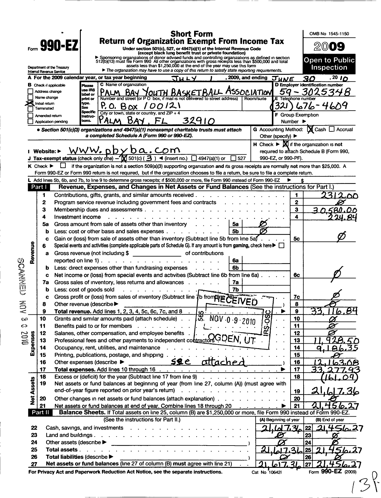 Image of first page of 2009 Form 990EZ for Palm Bay Youth Basketball Association